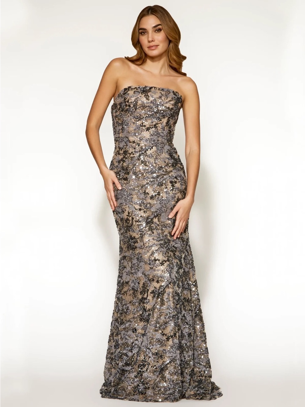 Strapless Sequin Evening Gown in Taupe and Silver
